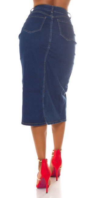 Donker denim-spijkerstof hoge taille midi rok met split blauw